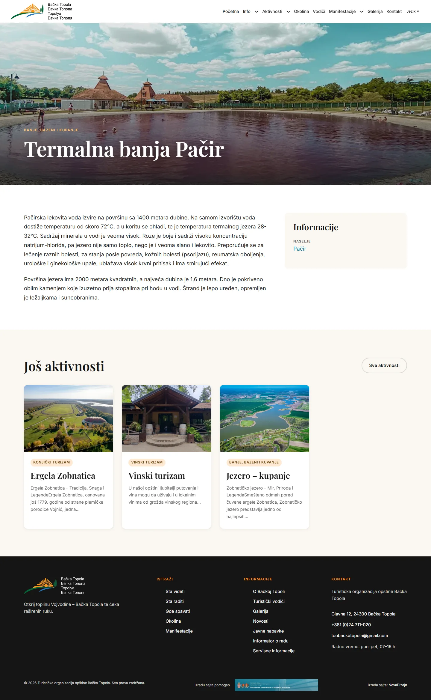 New Pacir thermal spa page with a hero photo of the lake, an info card and related activities