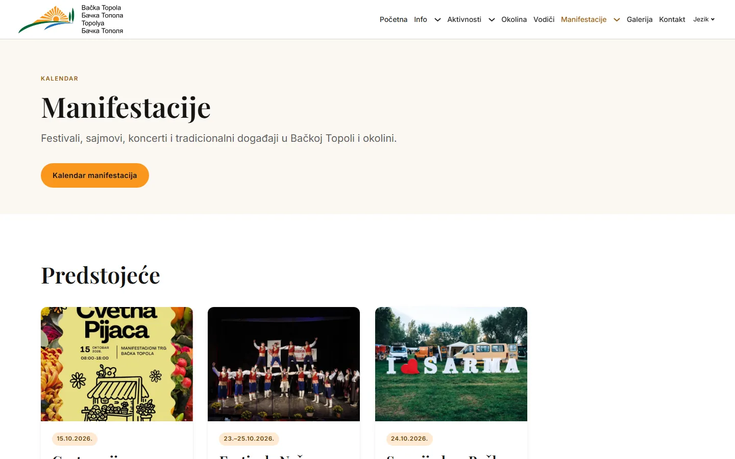 New events page on backatopola.org.rs: a calendar of upcoming events with dates and photos