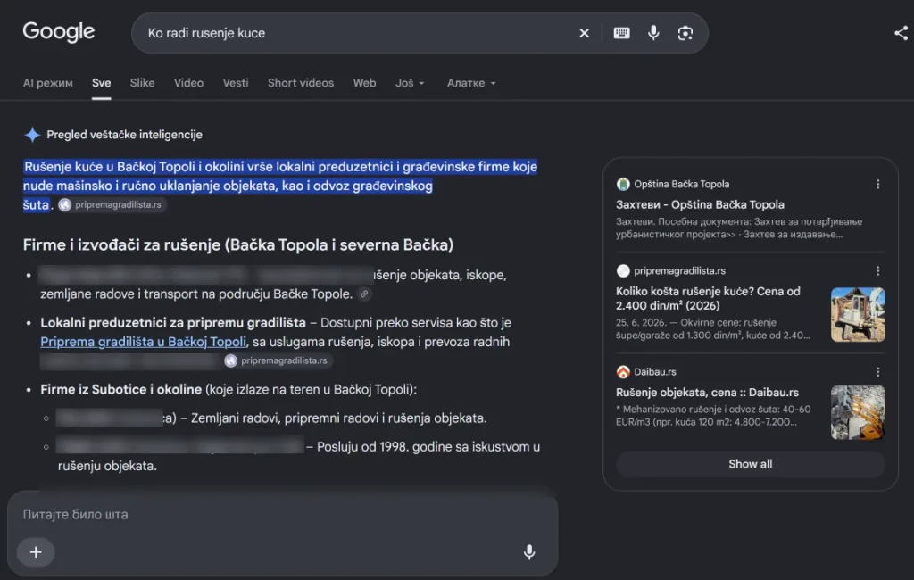 Google AI pregled sa izvorima za lokalnu pretragu