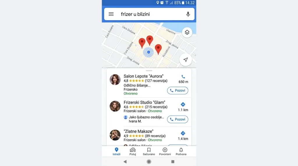 Tri firme prikazane na Google mapi za lokalnu pretragu